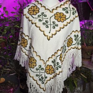 Floral Embroidered White Poncho